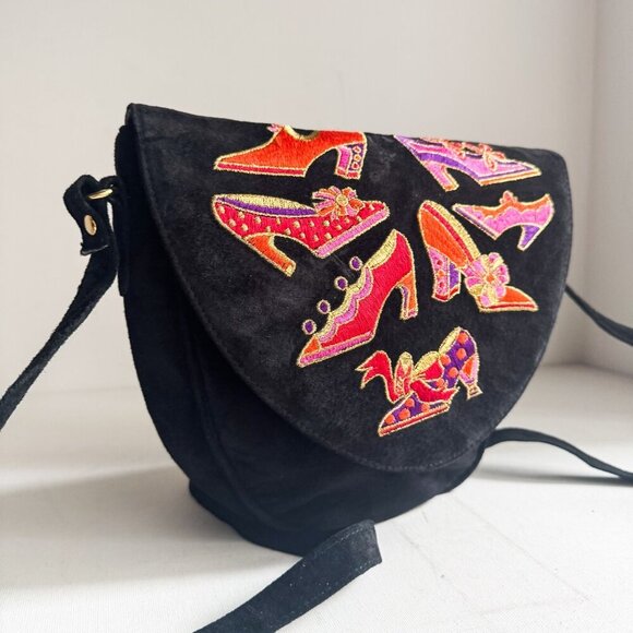 Vintage J. Renee Black Suede Shoe Embroidered Oval Crossbody Bag - Picture 8 of 12